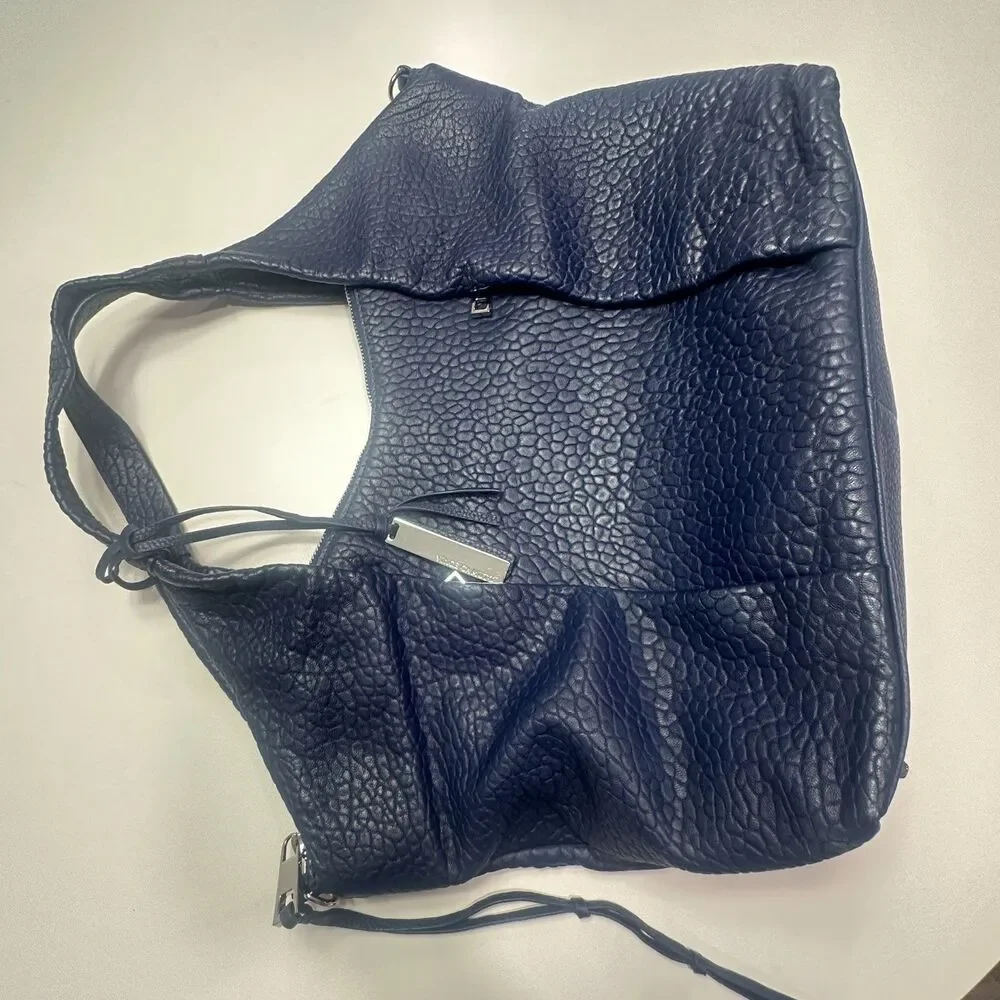 Vince Camuto Deep Indigo Pebbled Leather Hobo Shoulder Bag Silver Hardware Large